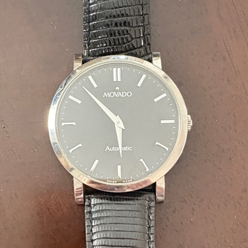 Movado Silver and Black Leather Watch
